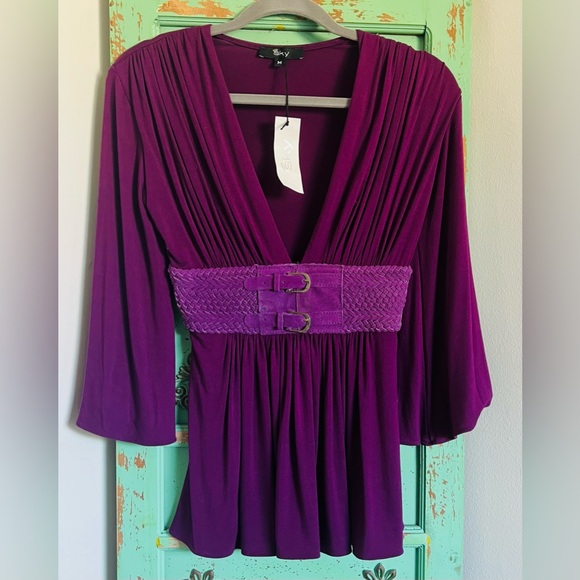 New Beautiful Sky plum Purple Blouse with Belted Waist - Picture 2 of 8
